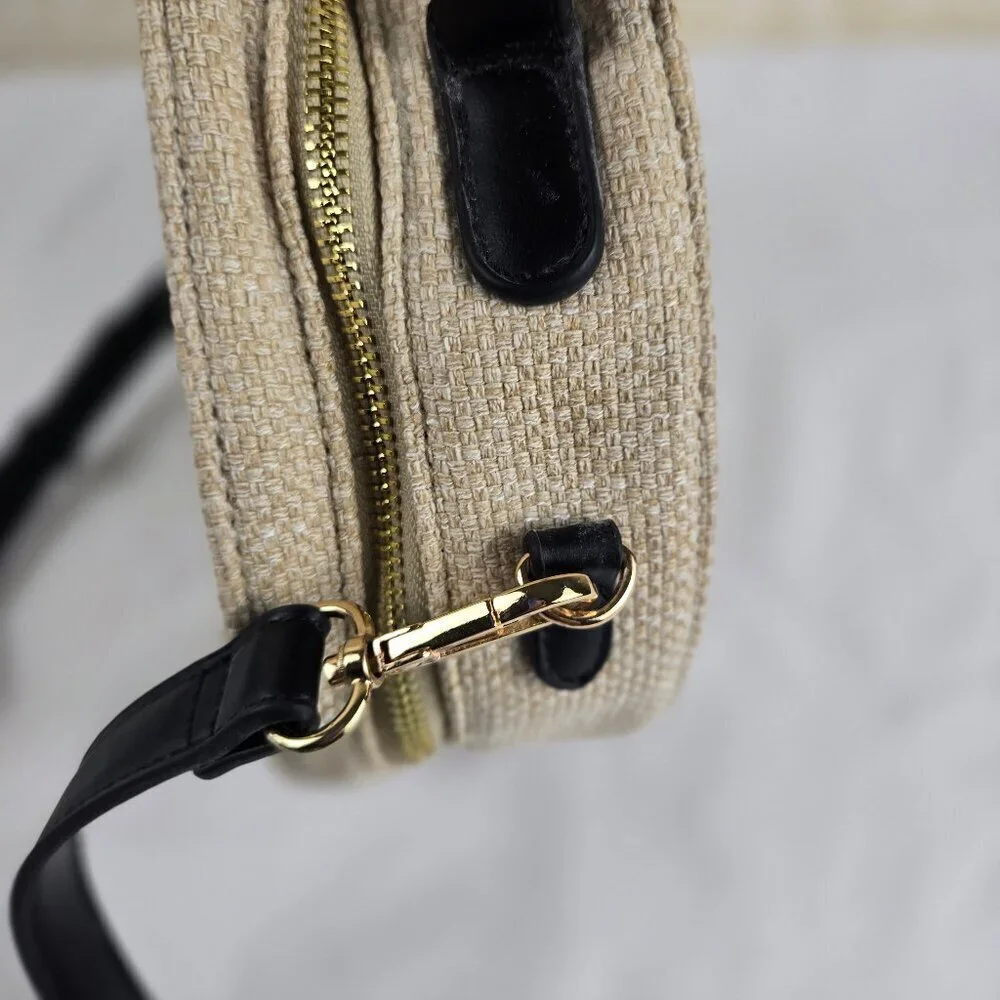 Moda Luxe Round Crossbody Bag w/ Top Handle Cream Cotton Black Faux Leather